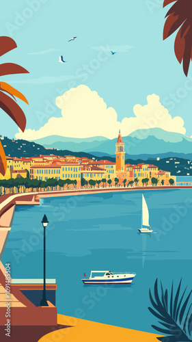 Vintage Minimalist Nice France Poster with Scenic Coastal View and Sailboat