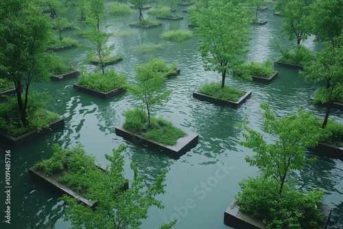 Urban park transforms into rainwater sponge during heavy rainfall photo