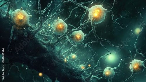 A close-up view of neurons with glowing synapses in a dark, abstract environment.