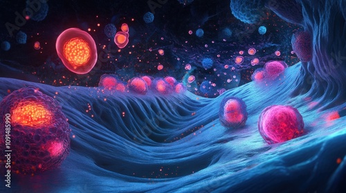 Abstract representation of cells in a vibrant, digital landscape.