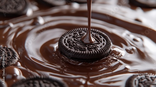 Oreo cookie immersed in melted chocolate.