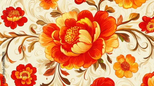 A vibrant floral pattern featuring large red and orange flowers on a cream background.