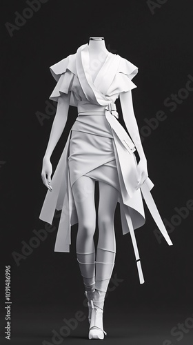 White dress on mannequin walking on dark background photo