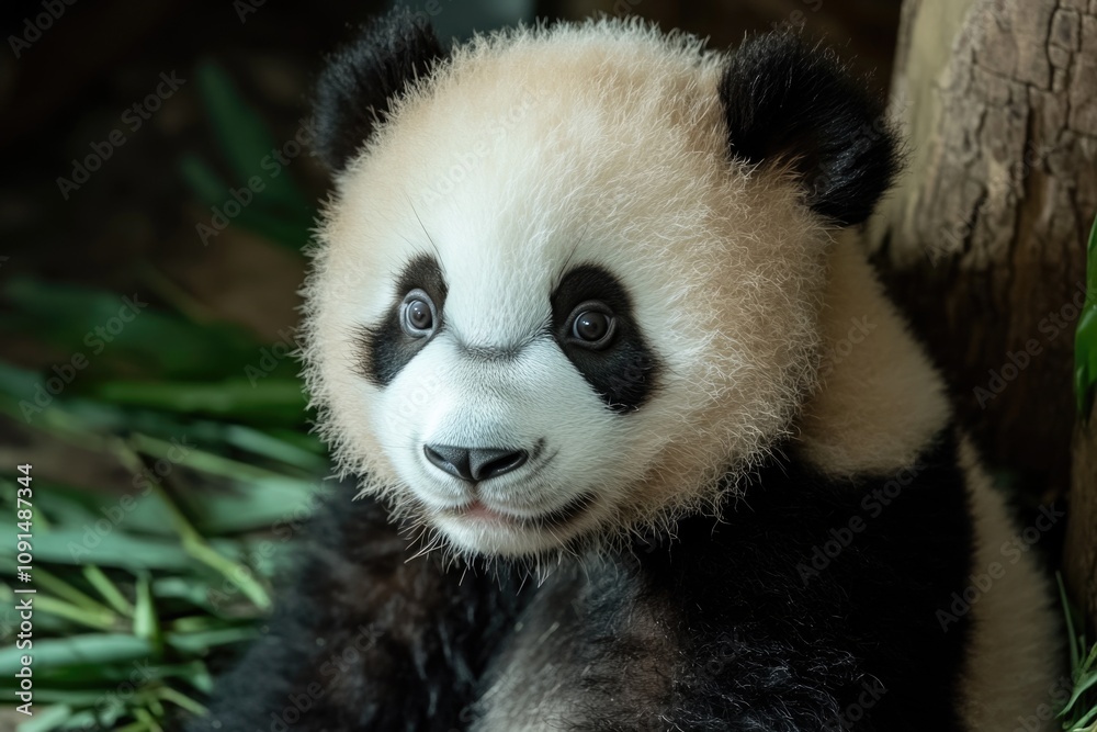Fototapeta premium Close-up shot of a panda bear sitting next to a tree, suitable for wildlife or conservation-related content