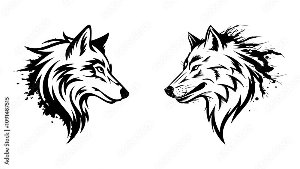 Obraz premium Black-and-white illustration of a wolf's head on white background.
