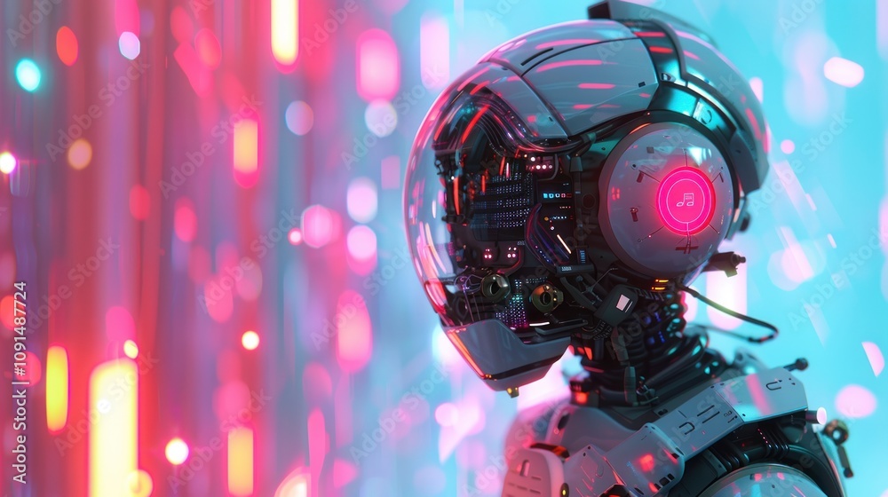 Fototapeta premium Futuristic robot head profile, glowing with vibrant colors, against a backdrop of abstract light patterns.