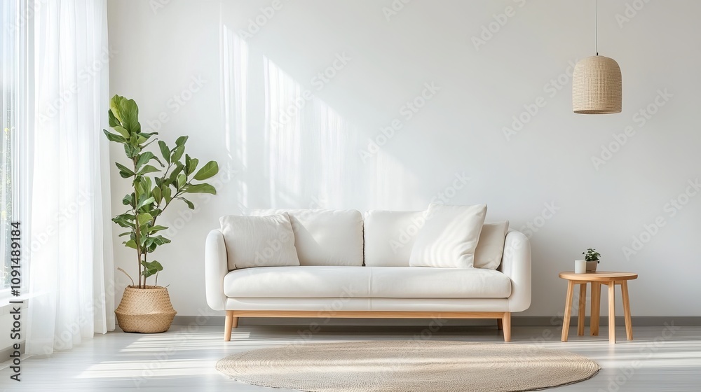 Obraz premium White walls and a clean layout give this living room a modern Scandinavian feel. The minimalist design creates a sense of space and tranquility.