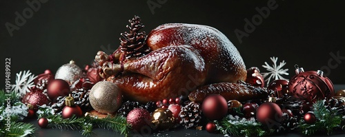 Christmas turkey decorated with icing sugar, pine cone, and festive ornaments photo