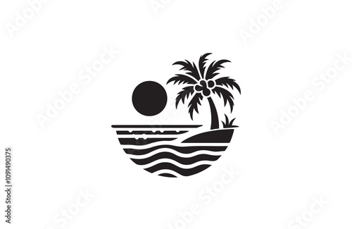 palm tree and beach silhouette vector outline art illustration logo design photo