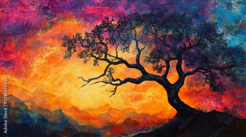 Silhouetted Tree Against Vibrant Sunset Landscape Silhouetted Tree Against Vibrant Sunset Landscape