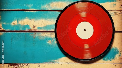 A vibrant red vinyl record rests on a colorful wooden background, showcasing the beauty of music and retro nostalgia. photo