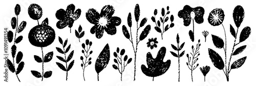 Brush flower. Hand drawn abstract vector. Floral ink paint. Crayon sketch simple plant. Black leaf silhouette. Line nature graphic. Doodle childish illustration. Daisy spring flower grunge tattoo