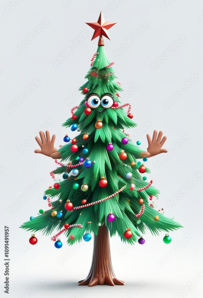 Fototapeta premium Ein lustiger, animierter Weihnachtsbaum mit großen Augen, ausgestreckten Armen, Kugeln und Perlengirlanden, gekrönt von einem roten Stern – ideal für humorvolle Weihnachtskarten. Generative KI.