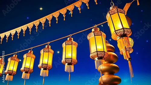 Golden Lanterns Hanging Against a Starry Night Sky

 photo