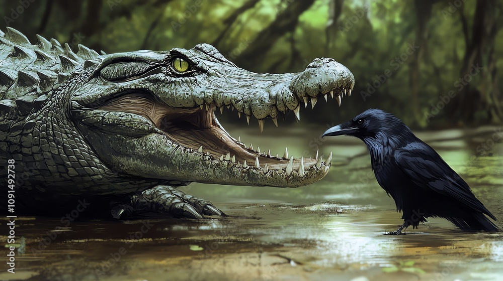 Fototapeta premium A captivating close-up of a crocodile and a raven in a serene wetland scene, showcasing nature's intriguing dynamics.