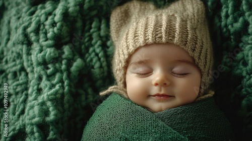 A peaceful newborn swaddled in a textured green blanket, adorned with a cozy knitted hat, exudes warmth and joy, embodying the spirit of childhood and family care. Ideal for parenting visuals. photo