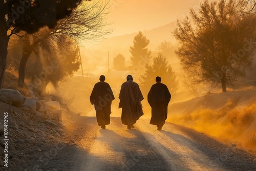 Three men walking along the dusty Road to Emmaus at sunset amidst tranquil surroundings