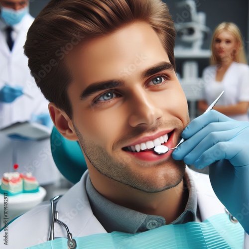 Dentist Examining teeth filling cavities and promoting oral hygi photo