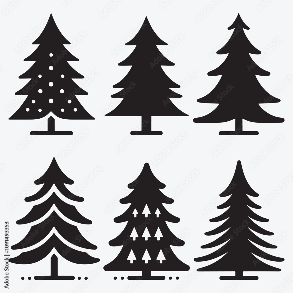 Obraz premium Christmas Tree Silhouette Collection Clip Art Vector illustration Isolated on White Background