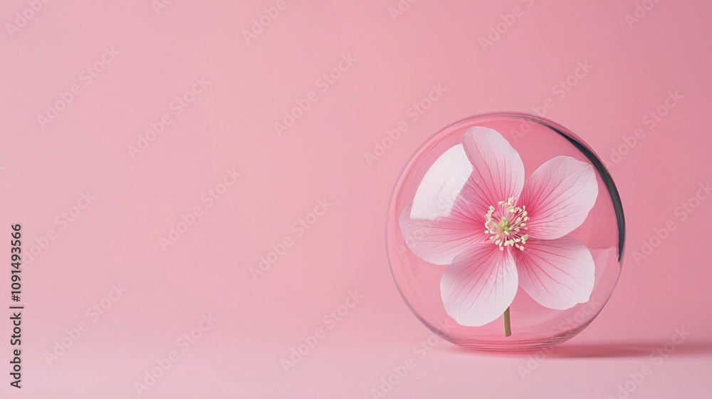Minimal flower and color of the year. A delicate pink flower encased in a circular glass, set against a soft pink background, creating a serene and elegant aesthetic. Minimal flower and color of the year. A delicate pink flower encased in a circular glass, set against a soft pink background, creating a serene and elegant aesthetic.