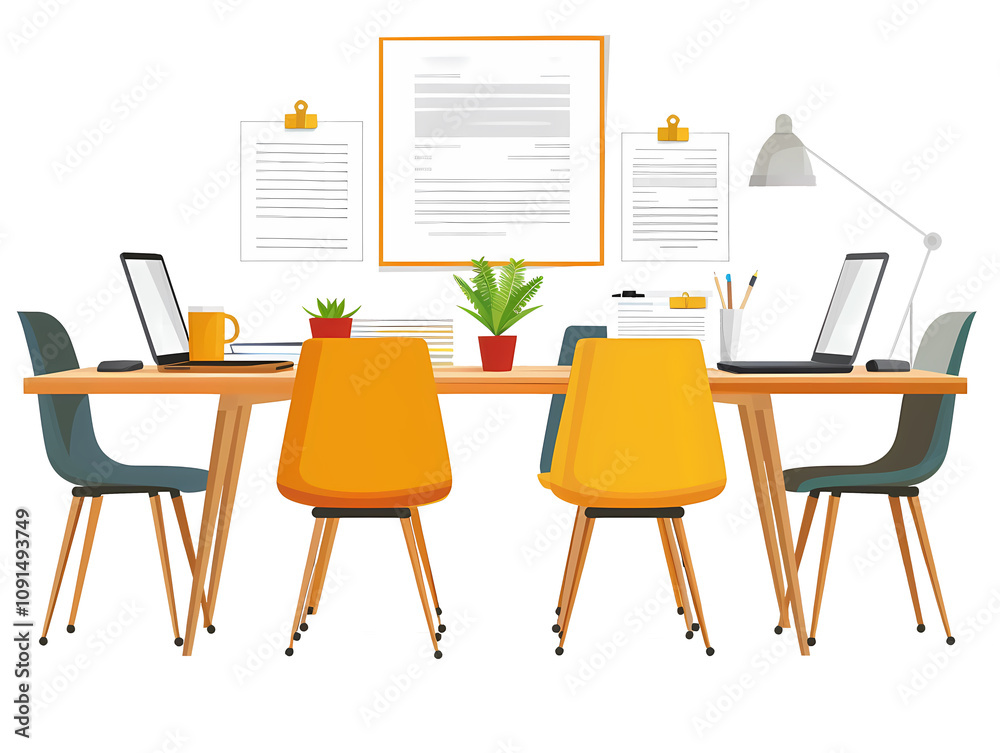 Fototapeta premium Modern Office Workspace Setup with Table, Chairs, Laptop, Plants, and Organized Documents for Productive Work Environment
