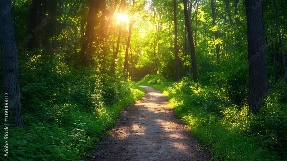 Obraz premium A path through a forest with sunlight shining through the trees