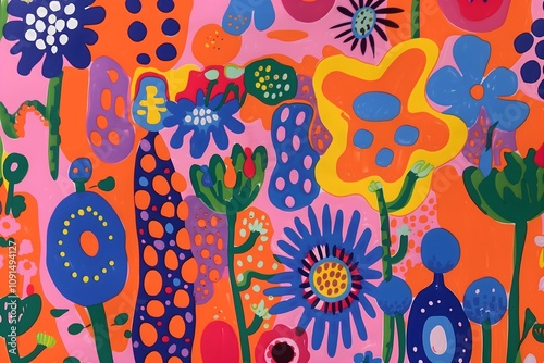 Abstract illustration of vibrant multi colored flowers and plants