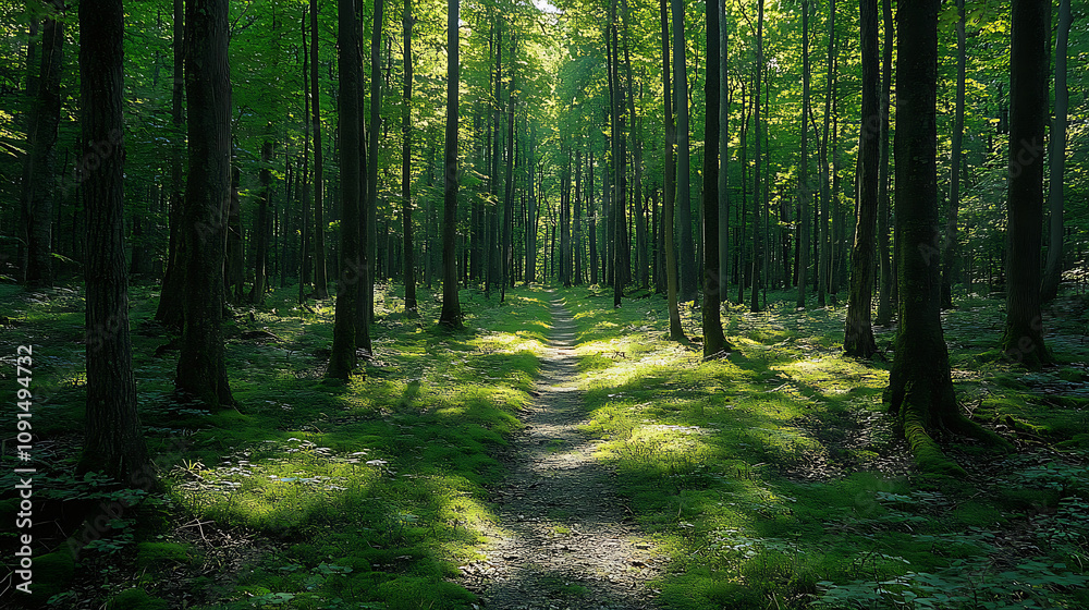 Fototapeta premium A forest path is shown in the sunlight, with trees on either side