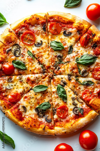 A pizza with a slice missing from it surrounded by tomatoes and basil photo