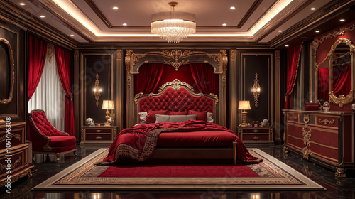 A bedroom with a red bed and a chandelier in it photo