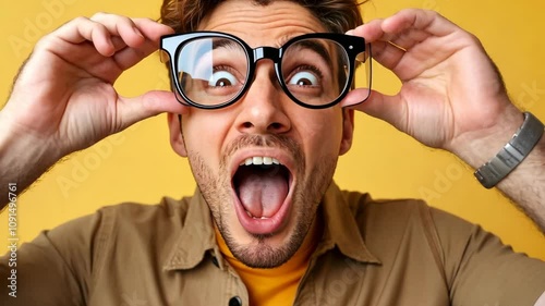of funny impressed man wear khaki stylish clothes open mouth isolated on yellow color background Video