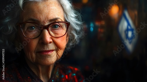 Portrait of an elderly middle aged jewish woman in thoughtful reflection with Israeli flag background photo