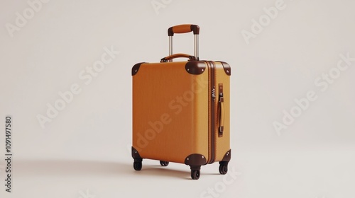 Stylish tan suitcase with a sturdy handle and wheels on a light beige background, ready for both leisure and business travel adventures, featuring a sleek design and durable materials.