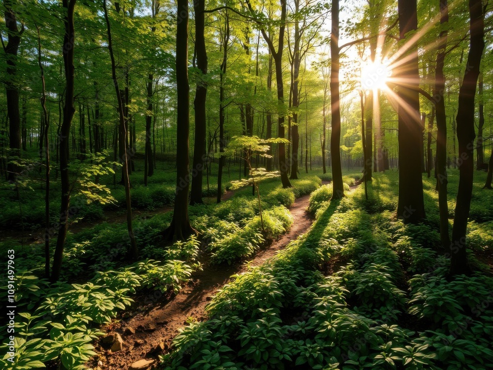Fototapeta premium Lush green forest background with sunlight filtering through the dense canopy, peaceful, trees