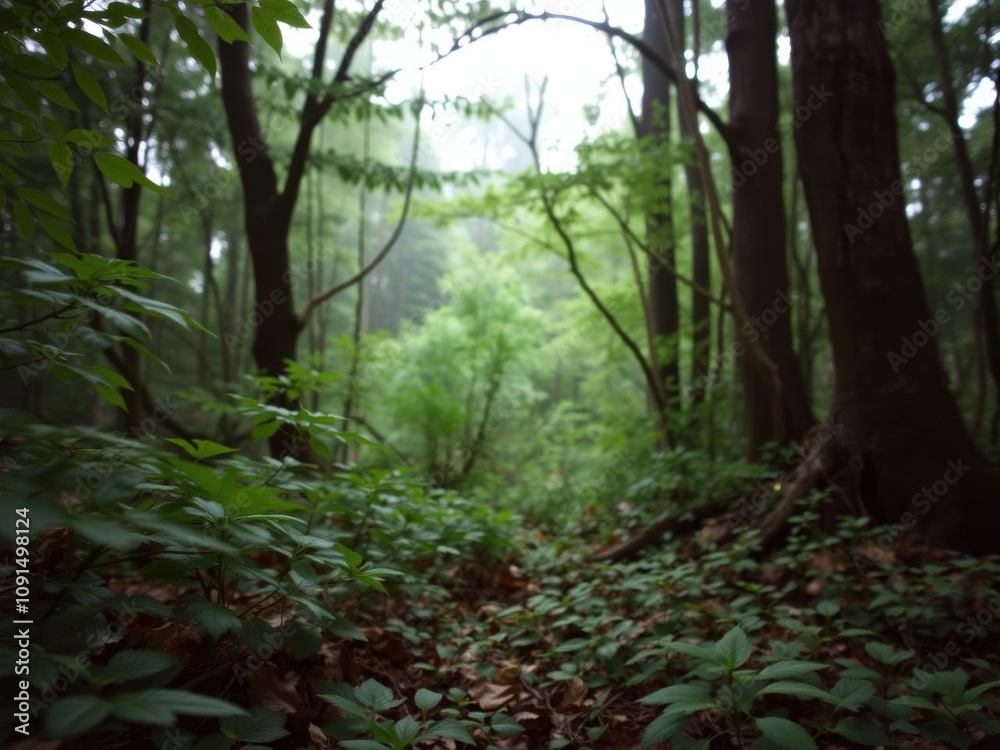 Obraz premium Lush green forest background with dense foliage and trees, natural, leaves