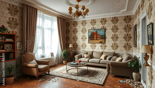 Abandoned living room with vintage wallpaper and neglected furniture creating a nostalgic atmosphere
