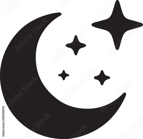 Silhouette vector icon of a crescent moon with small stars, perfect for night sky, bedtime, and dreamy-themed designs. High-quality EPS format, ideal for logos, illustrations, and creative projects