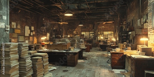 Wallpaper Mural A Dusty Abandoned Office Filled With Stacks Of Papers Torontodigital.ca