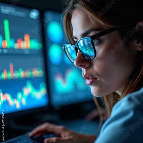 A focused cybersecurity expert in a dark room analyzing multiple glowing monitors with complex code and data.