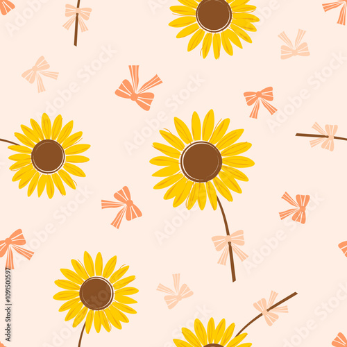 Seamless pattern with sunflower field and ribbon bow on orange background vector.