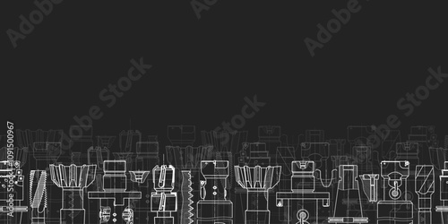 Mechanical engineering drawings on black background. Tap tools, borer. Technical Design. Cover. Blueprint. Seamless pattern. Vector illustration.