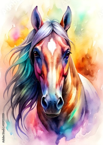 High quality, Watercolor, powerful colorful horse face