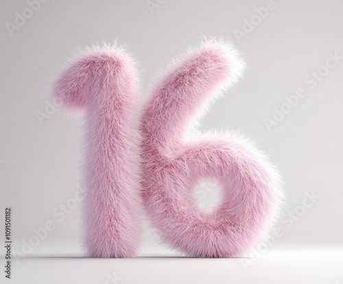 Fluffy pink number 16 on grey background