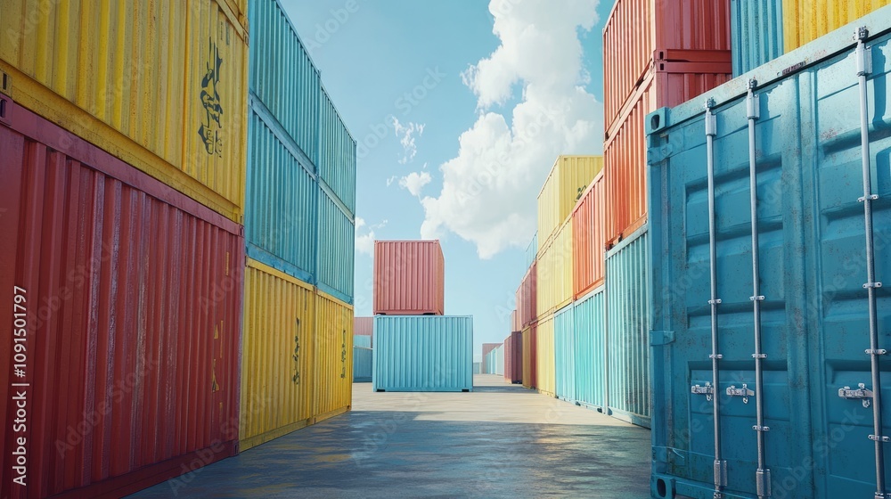 Fototapeta premium Containers in shipping yard, shipping port, 3D