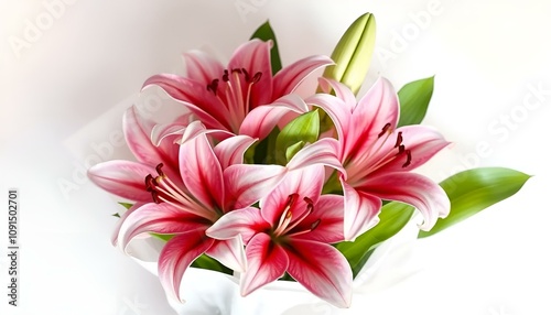 Beautiful bouquet of pink lilies with green leaves on a light background