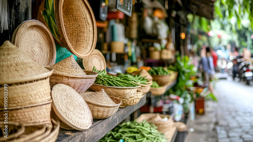 Vibrant market display of fresh vegetables in woven baskets photo