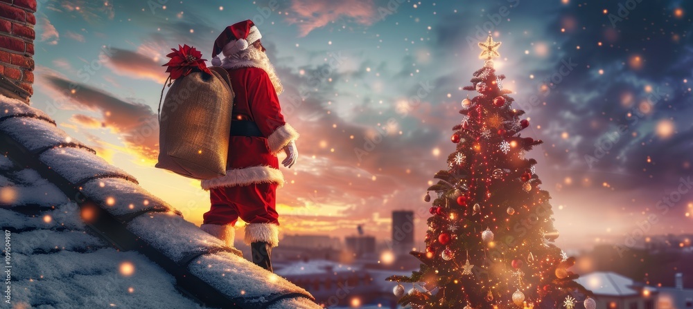 Santa Claus on the roof, overlooking a vibrant Christmas tree with gifts ready to deliver Santa Claus on the roof, overlooking a vibrant Christmas tree with gifts ready to deliver
