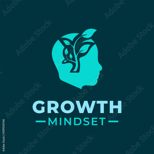 Growth Mindset logo design vector template with human head and plant stem. Next level thinking concept.