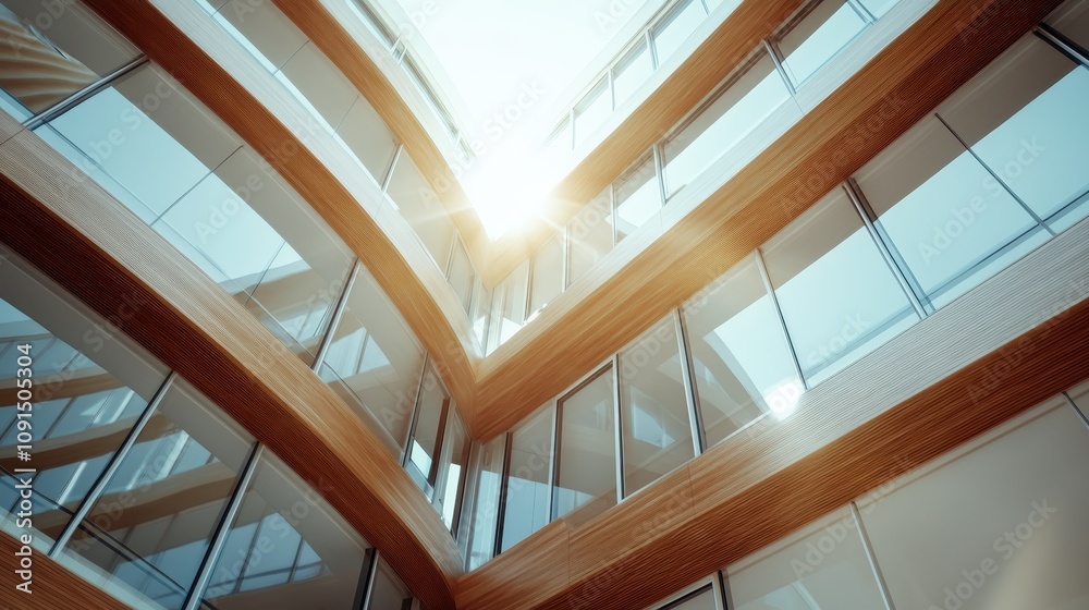 A view of a contemporary building with bright sunlight reflecting off its glass facade, highlighting the wood elements and sleek design curves in a modern setting. A view of a contemporary building with bright sunlight reflecting off its glass facade, highlighting the wood elements and sleek design curves in a modern setting.