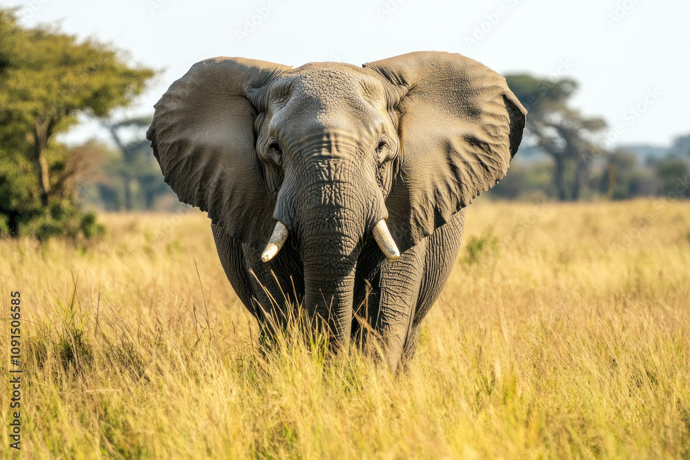 Fototapeta premium African elephant in the middle of a grassland